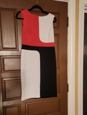 Evan Picone Colorblock Midi Sheath Dress in Pink, White & Black